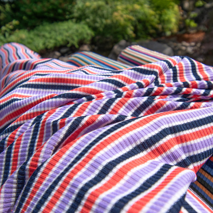 Multi Stripe Sunset Tones Rayon Rib Knit Fabric - 97% Rayon 3% Elastane - Colorful Stretchy Material for Camisoles & Dresses