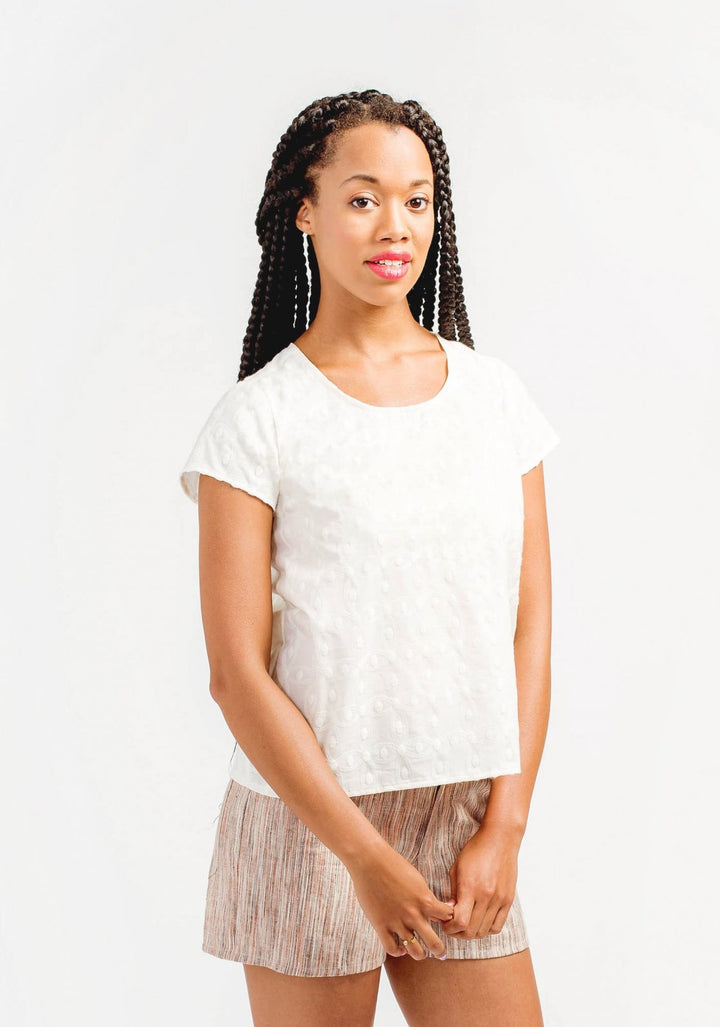 Grainline Studio Scout Tee sewing pattern – woven t-shirt with scoop neckline and capped sleeves