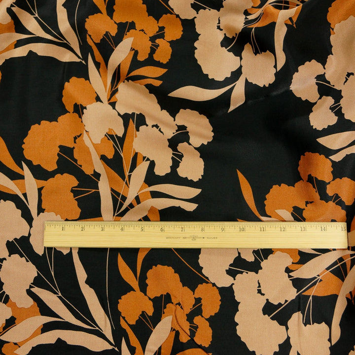 Rayon Viscose Satin Twill Sunset Floral fabric in glossy satin finish with sunset-inspired floral pattern, 58-inch wide