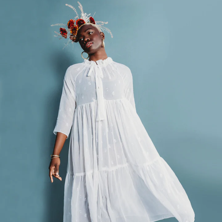 Friday Pattern Co. Wilder Gown sewing pattern with raglan sleeves, tiered skirt, tie-up neckline, and customizable lengths, sizes XS–4X