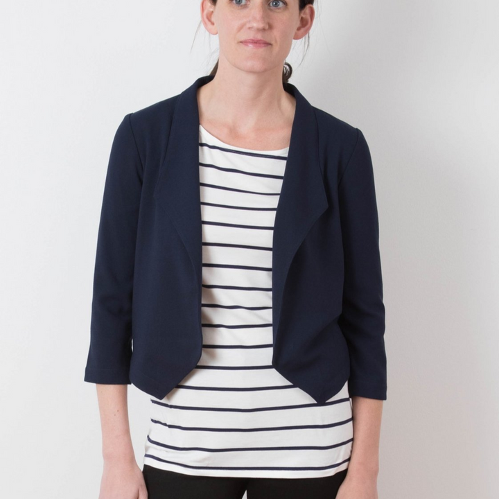 Grainline Studio Morris Blazer sewing pattern with shawl collar, bracelet-length sleeves, medium weight fabric, sizes 0–18