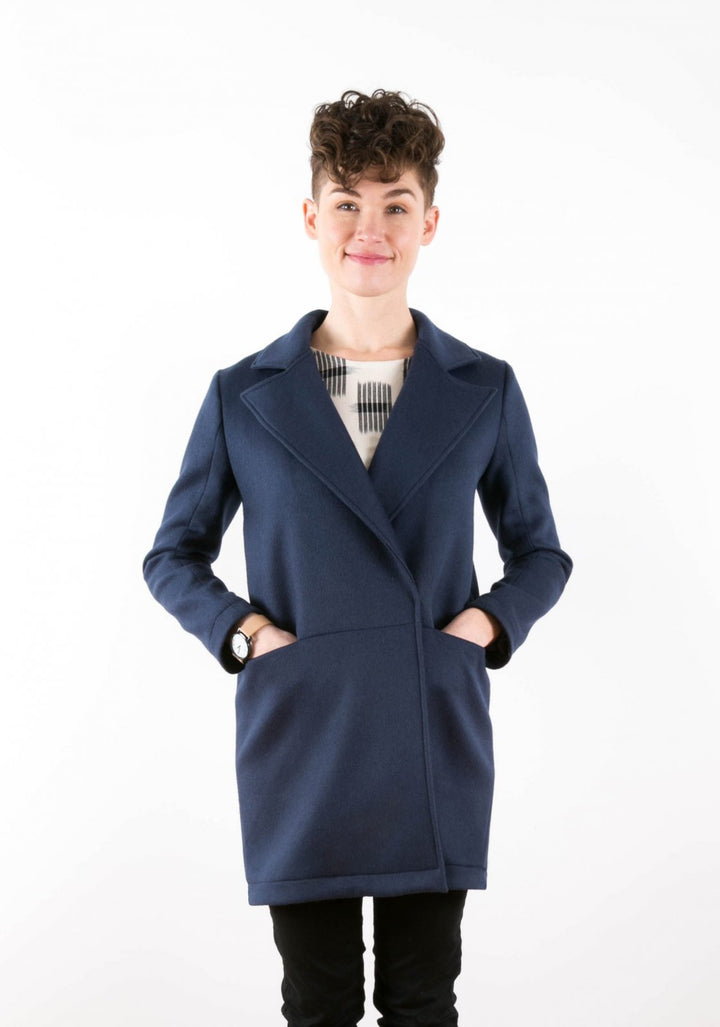 Grainline Studio Yates Coat sewing pattern with oversized lapel, snap closure, inseam pockets, and mid-thigh modern coat design