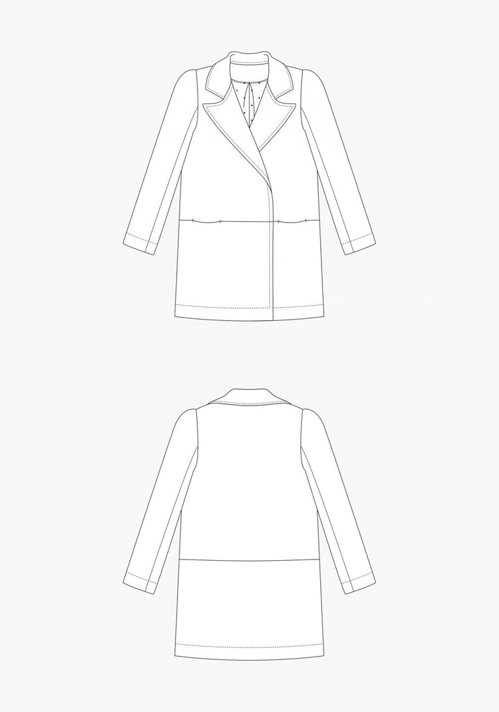 Grainline Studio Yates Coat sewing pattern with oversized lapel, snap closure, inseam pockets, and mid-thigh modern coat design