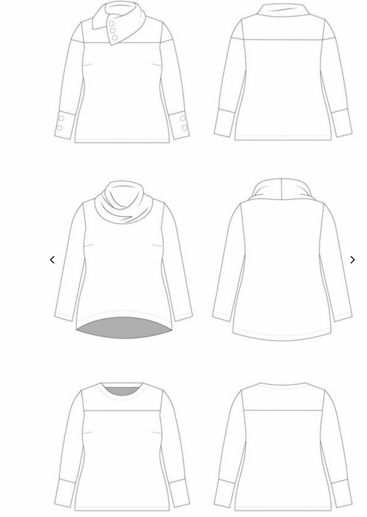 Cashmerette Tobin Sweater sewing pattern featuring split neck, cowl neck, and classic sweatshirt options with curve-friendly fit