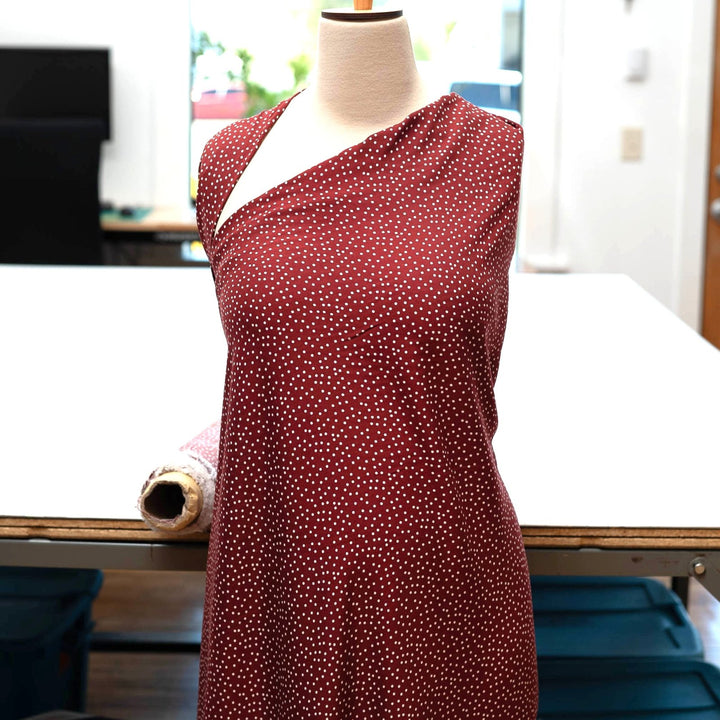 Rayon Challis - "Burgundy & White Polka Dots"