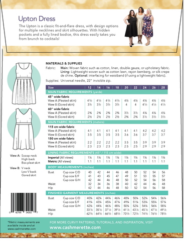 Cashmerette Upton Dress sewing pattern – fit-and-flare dress with multiple neckline options, hidden pockets, and fully lined bodice.