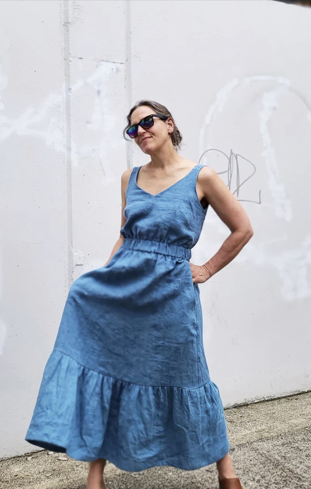 Sew House Seven Sauvie Sundress sewing pattern for standard sizes 00–20 with strappy V-neck design, pocket variations, and customizable lengths.