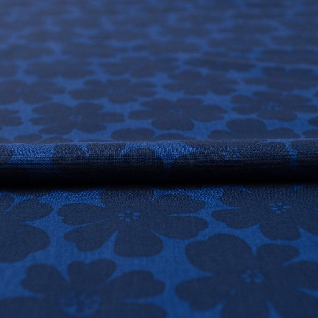 Japanese Cotton Poplin Tonal Flowers in Royal Blue fabric with large floral motifs