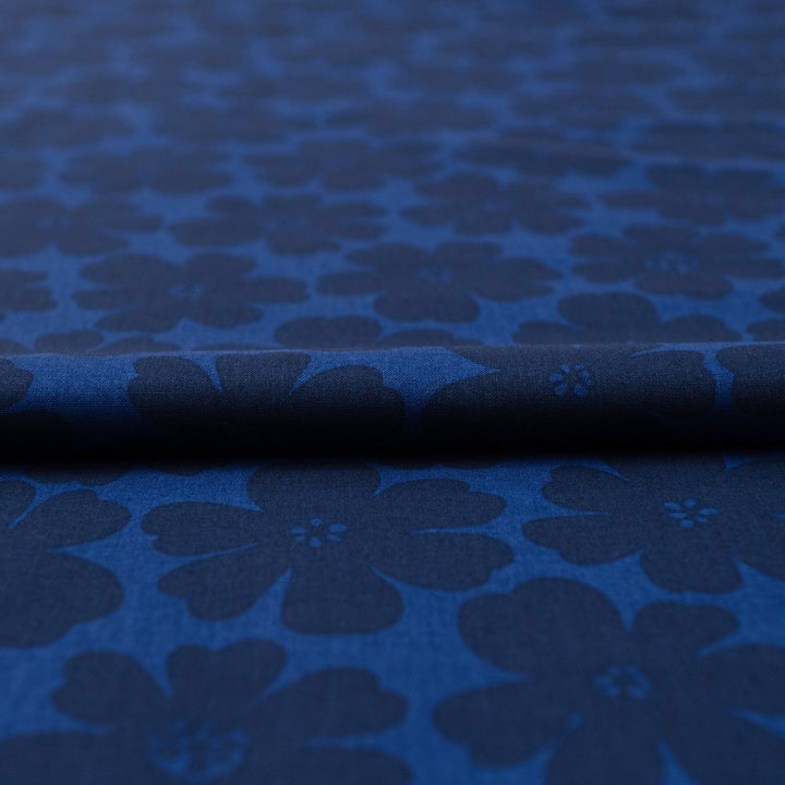 Japanese Cotton Poplin Tonal Flowers in Royal Blue fabric with large floral motifs