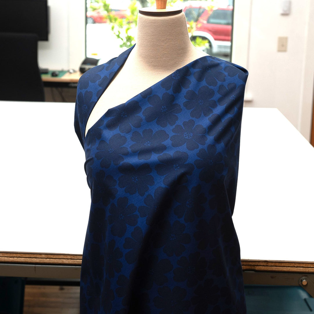 Japanese Cotton Poplin Tonal Flowers in Royal Blue fabric with large floral motifs