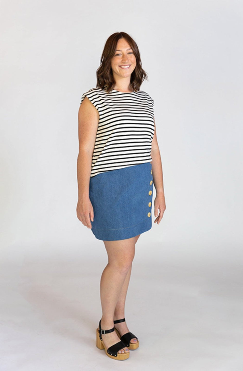 Chalk & Notch Evelyn Skirt sewing pattern with button-front and elastic waist variations in midi and mini lengths, sizes 0–30.