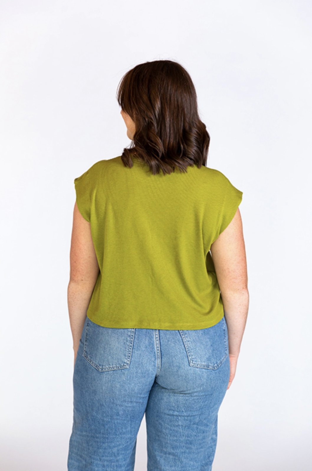 Chalk & Notch Max Tee sewing pattern with cropped and hip-length options, muscle tee shoulders, and three neckline finishes in sizes 0–30.