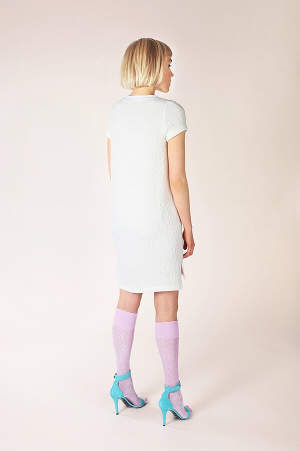 Named Clothing Inari Tee Dress sewing pattern – cocoon-shaped dress and cropped tee with rolled sleeves and modern minimalist style.