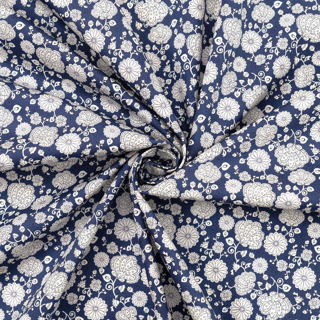 Japanese Cotton Poplin Drawn White Flower Fabric 43-inch Lightweight Material