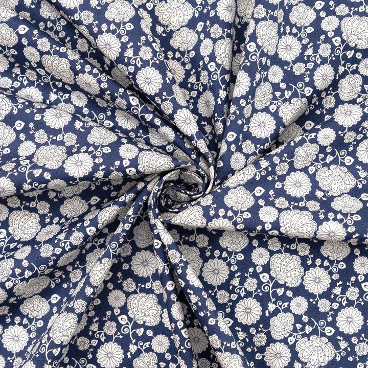 Japanese Cotton Poplin Drawn White Flower Fabric 43-inch Lightweight Material