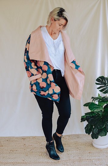 Sew to Grow Alston Reversible Jacket with oversized fit, raglan sleeves, and cascading collar.