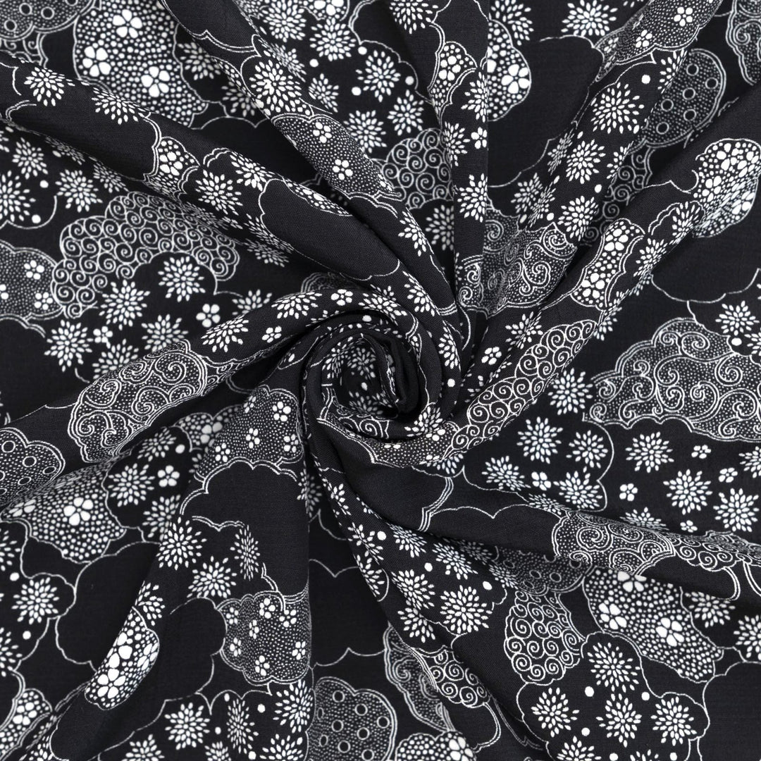 Viscose Challis - "Black and White Abstract Clouds"

