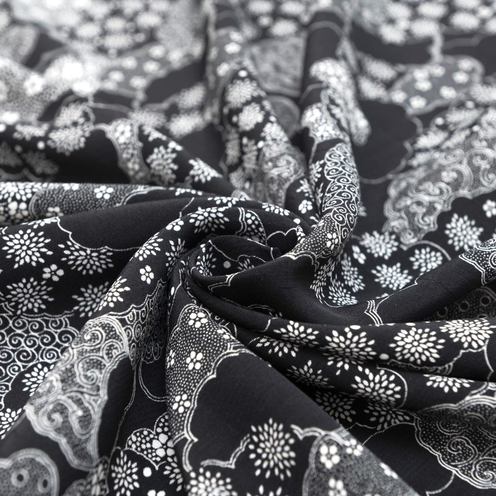 Viscose Challis - "Black and White Abstract Clouds"

