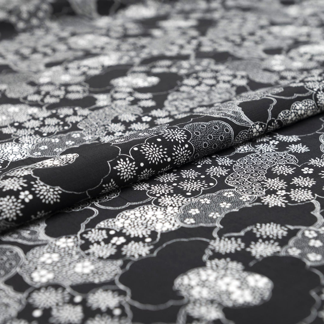 Viscose Challis - "Black and White Abstract Clouds"

