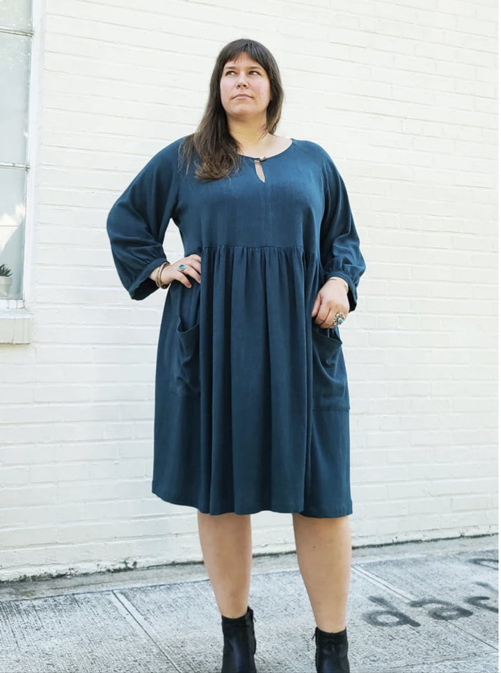 Sew House Seven Romey Gather Dress & Top pattern for curvy sizes 16–34 with empire waist, gathered skirt, peplum top, and optional patch pockets.