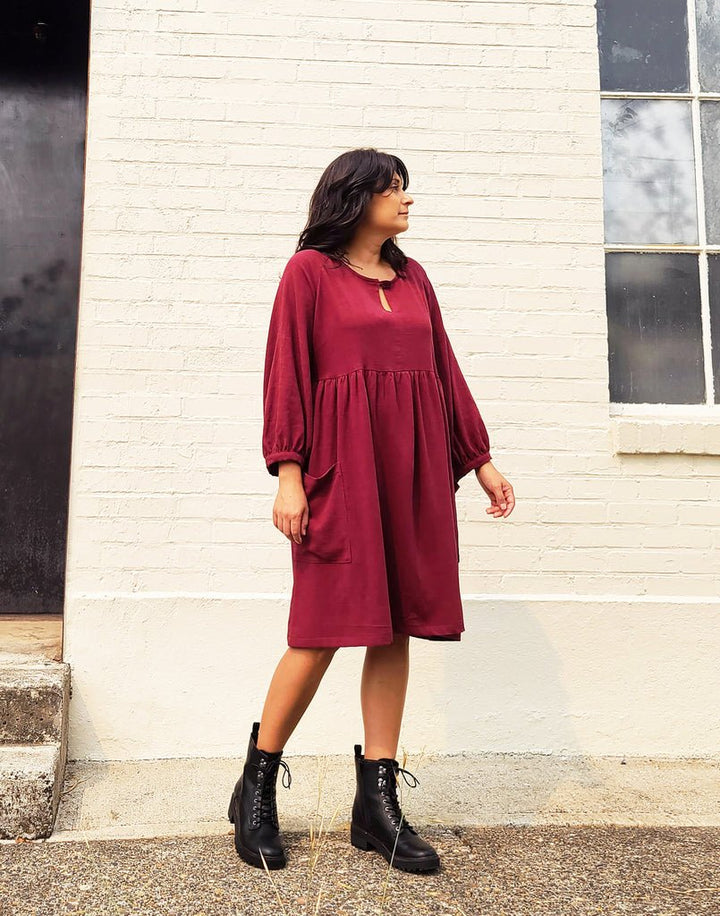 Sew House Seven Romey Gather Dress and Top sewing pattern, keyhole neckline, gathered empire waist, and patch pockets