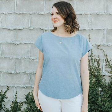 Sew to Grow Bondi Top sewing pattern, curved hem, contrast back yoke, versatile wardrobe staple