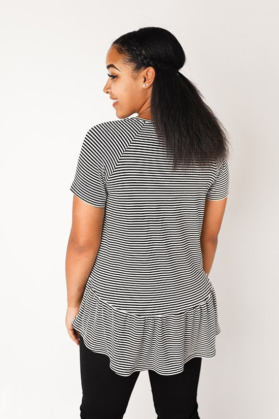 Chalk & Notch Waterfall Raglan sewing pattern with cropped, ruffle top, and ruffle dress options