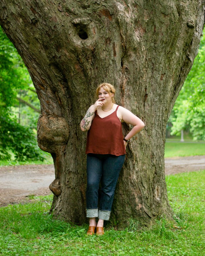 True Bias Ogden Cami sewing pattern in sizes 14–30 with V-neckline, wide straps, and partial lining for a polished finish.
