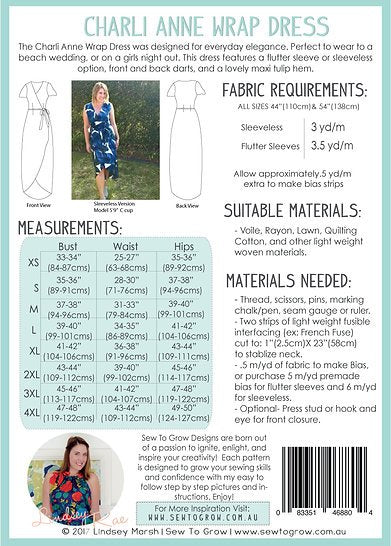 Sew to Grow Charlianne Wrap Dress sewing pattern, flutter sleeves, maxi tulip hem, tailored darts, elegant handmade dress
