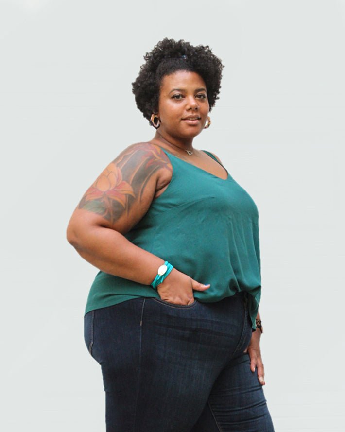 True Bias Ogden Cami sewing pattern in sizes 14–30 with V-neckline, wide straps, and partial lining for a polished finish.