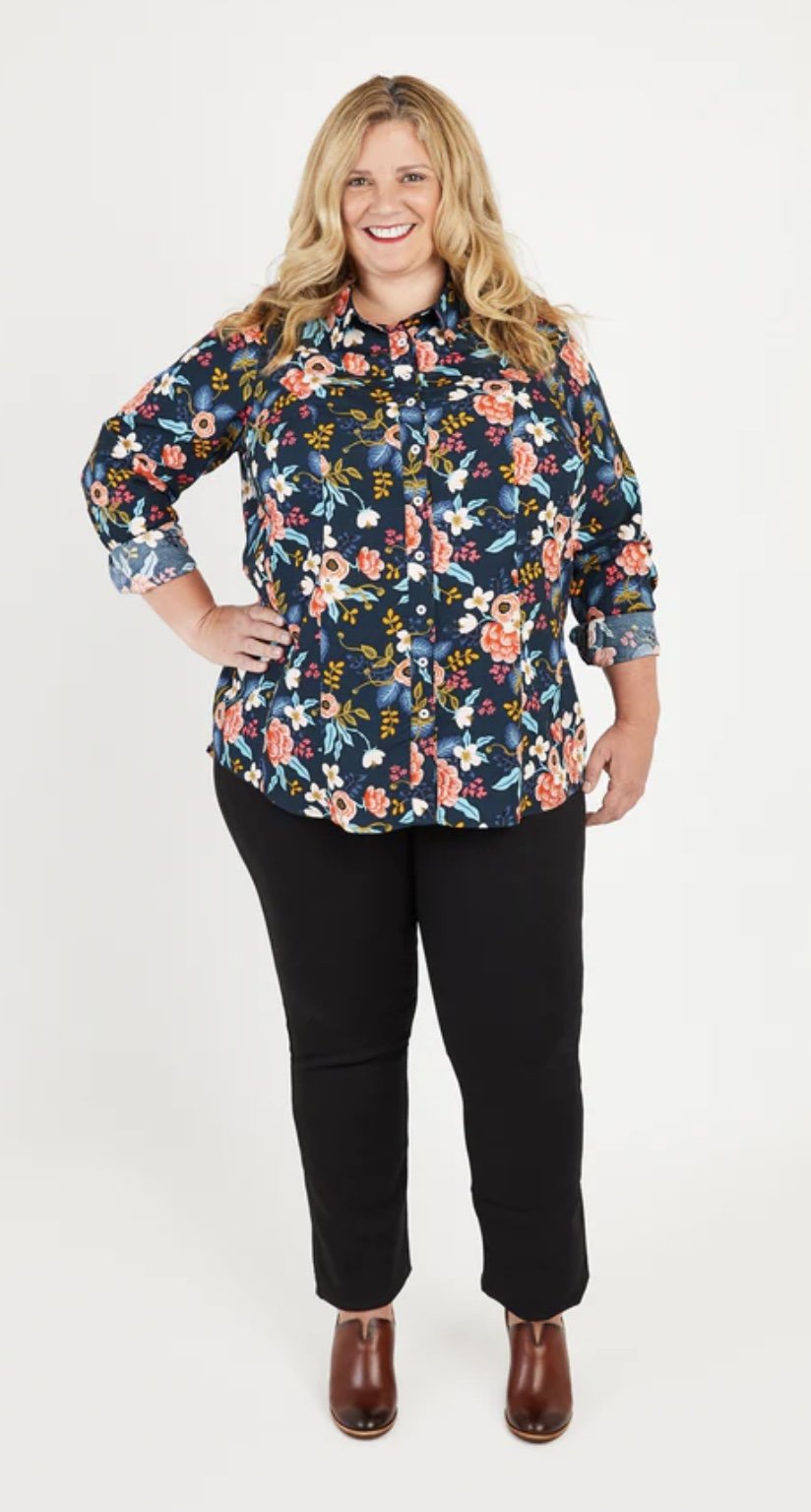Cashmerette Harrison Shirt sewing pattern featuring a curve-friendly button-down with princess seams, classic collar, and tailored fit in sizes 12–32.
