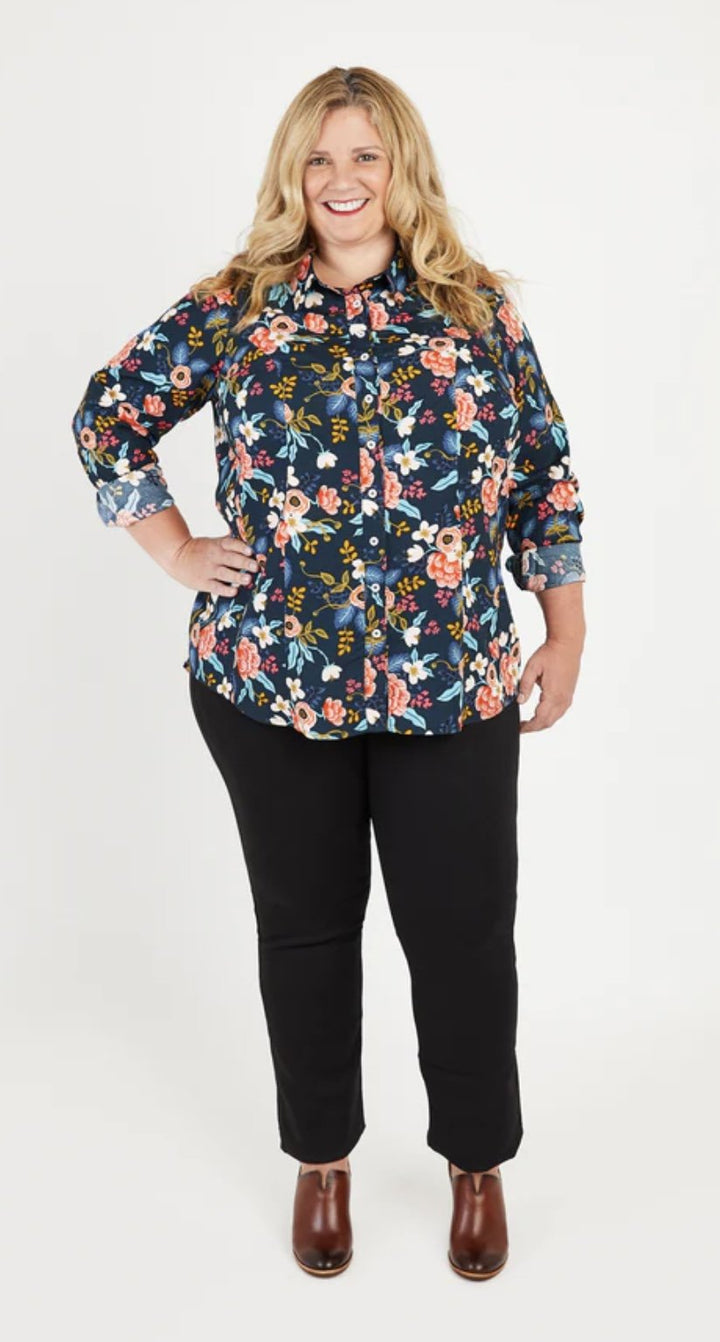 Cashmerette Harrison Shirt sewing pattern featuring a curve-friendly button-down with princess seams, classic collar, and tailored fit in sizes 12–32.