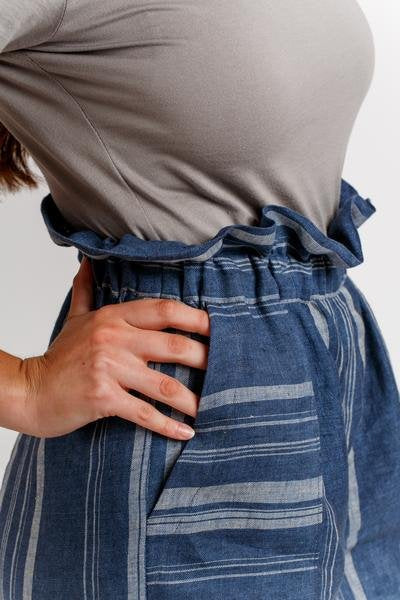 Megan Nielsen Opal sewing pattern for high-waist pants and shorts with paper bag and elastic waist options