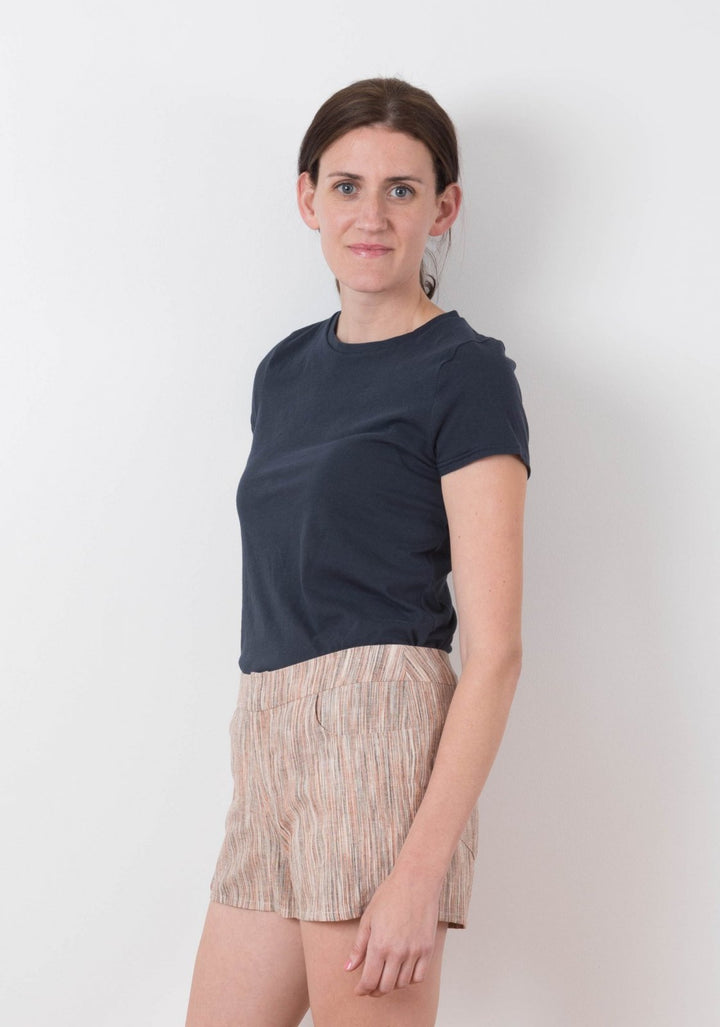 Grainline Studio Maritime Shorts sewing pattern with curved front pockets, back patch pockets, fly closure, sizes 0–18
