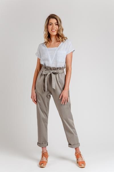 Megan Nielsen Opal sewing pattern for high-waist pants and shorts with paper bag and elastic waist options