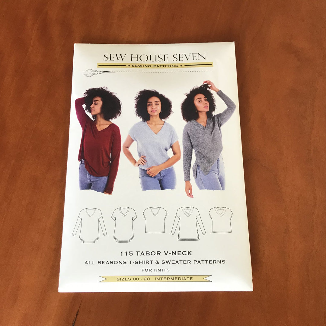 Sew House Seven Tabor V-Neck sewing pattern – versatile drop-shoulder tee and sweater design