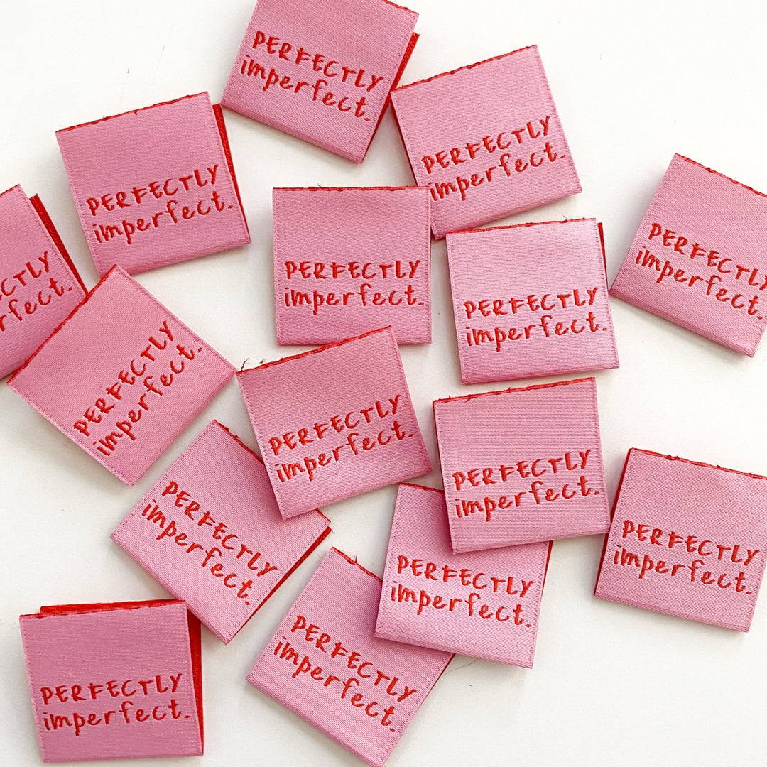 Kylie and the Machine Perfectly Imperfect woven labels - pink and red HD Oeko-Tex certified sewing tags for clothing branding