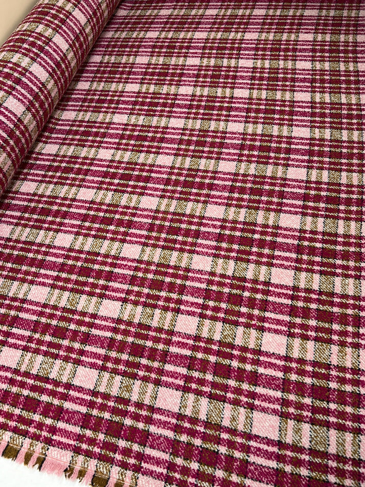 Italian bouclé suiting fabric in beige and pink plaid, medium-heavy acrylic polyamide blend, ideal for structured coats, skirts, and tailored suits.