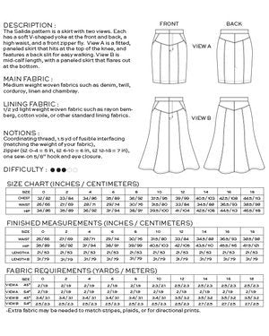 True Bias Salida Skirt pattern showing high-waist fitted knee-length and flared mid-calf skirt options with front zipper fly