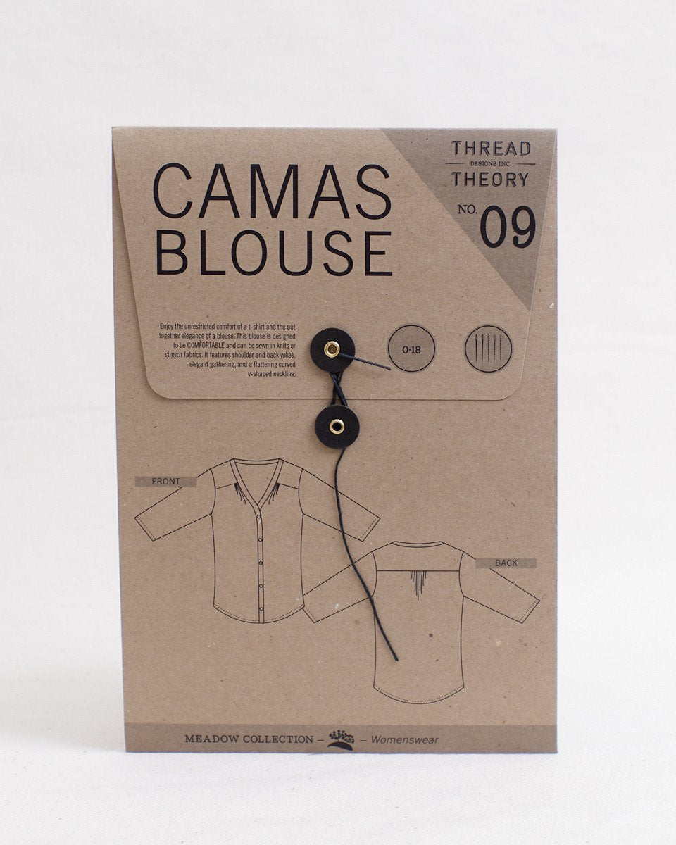 Thread Theory Camas Blouse sewing pattern with gathered yokes, curved V-neckline, and slim elbow-length sleeves