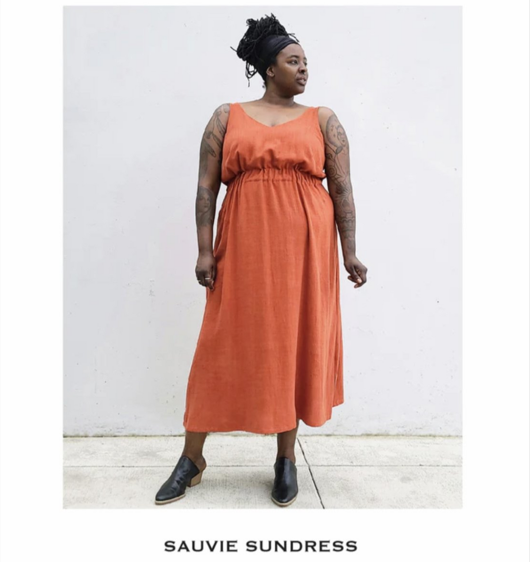 Sew House Seven Sauvie Sundress sewing pattern for curvy sizes with V-necklines, narrow straps, and pocket variations.