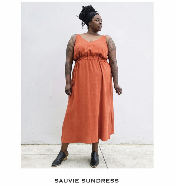 Sew House Seven Sauvie Sundress sewing pattern for curvy sizes with V-necklines, narrow straps, and pocket variations.
