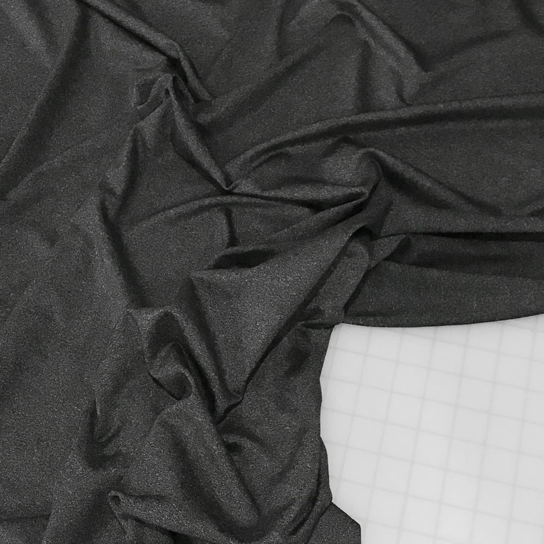 Heathered charcoal stretch supplex fabric, OEKO-TEX certified, soft nylon spandex blend for leggings, yoga wear, and activewear sewing