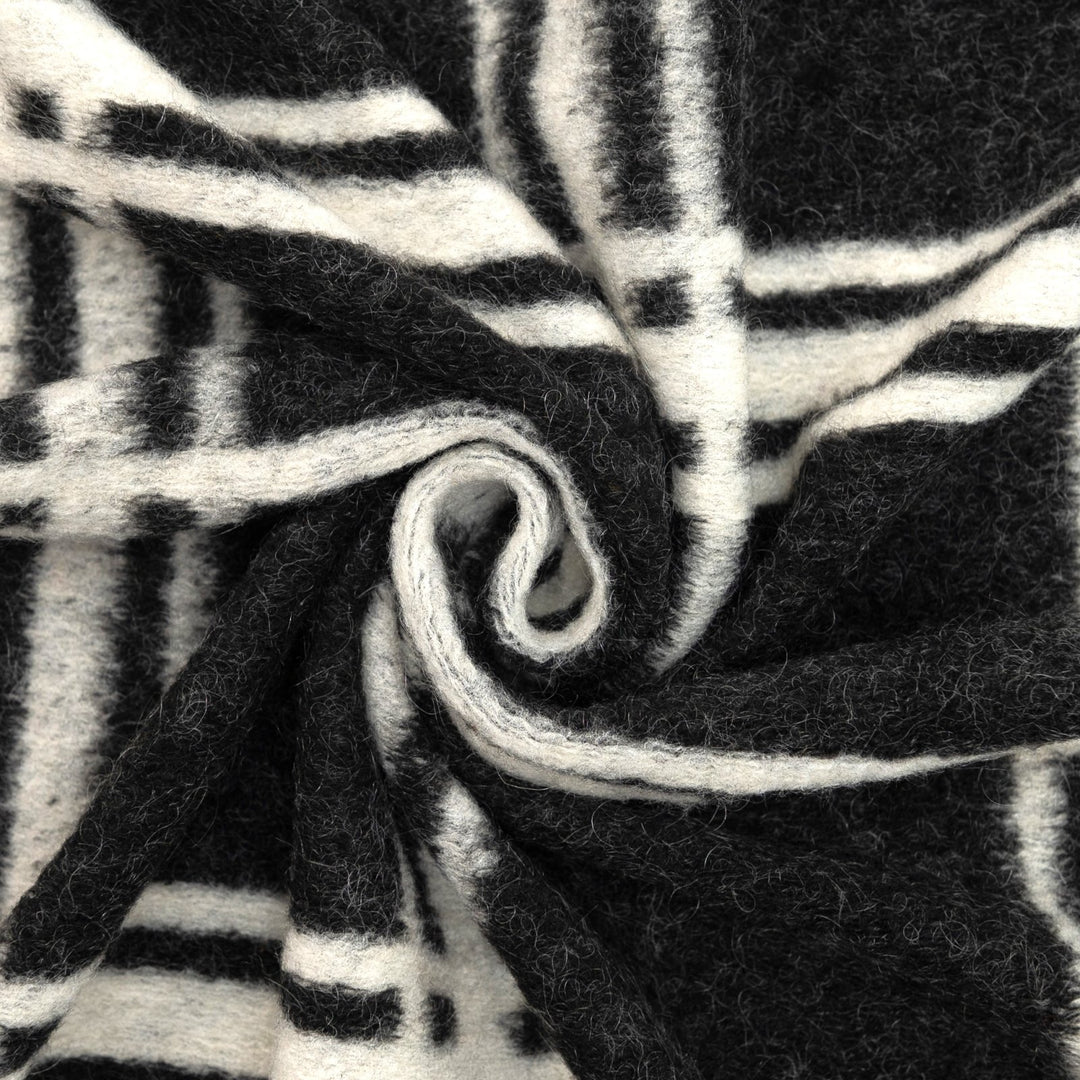 Charcoal and White Large Plaid Boiled Wool Fabric - Italian-Crafted Wool for Statement Coats & Jackets