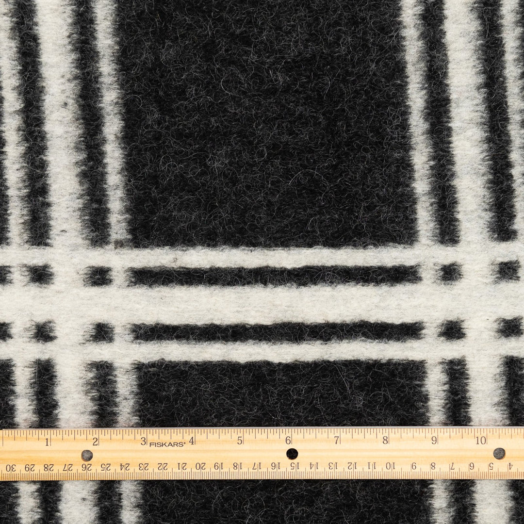 Charcoal and White Large Plaid Boiled Wool Fabric - Italian-Crafted Wool for Statement Coats & Jackets