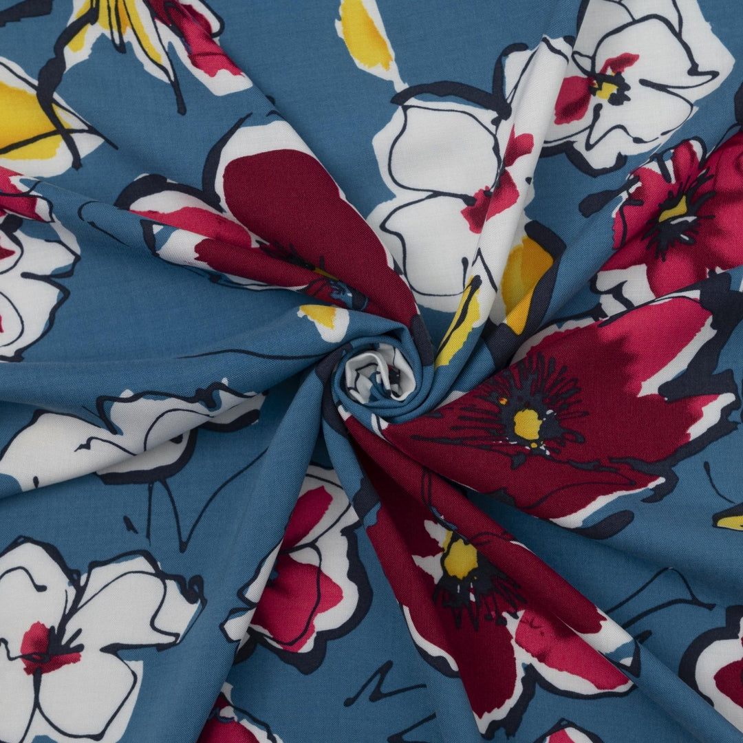 Blue and Fuchsia Floral Rayon Challis fabric with vibrant floral print, 54-inch width, perfect for dresses and blouses
