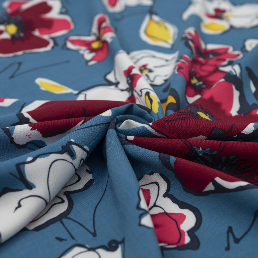 Blue and Fuchsia Floral Rayon Challis fabric with vibrant floral print, 54-inch width, perfect for dresses and blouses