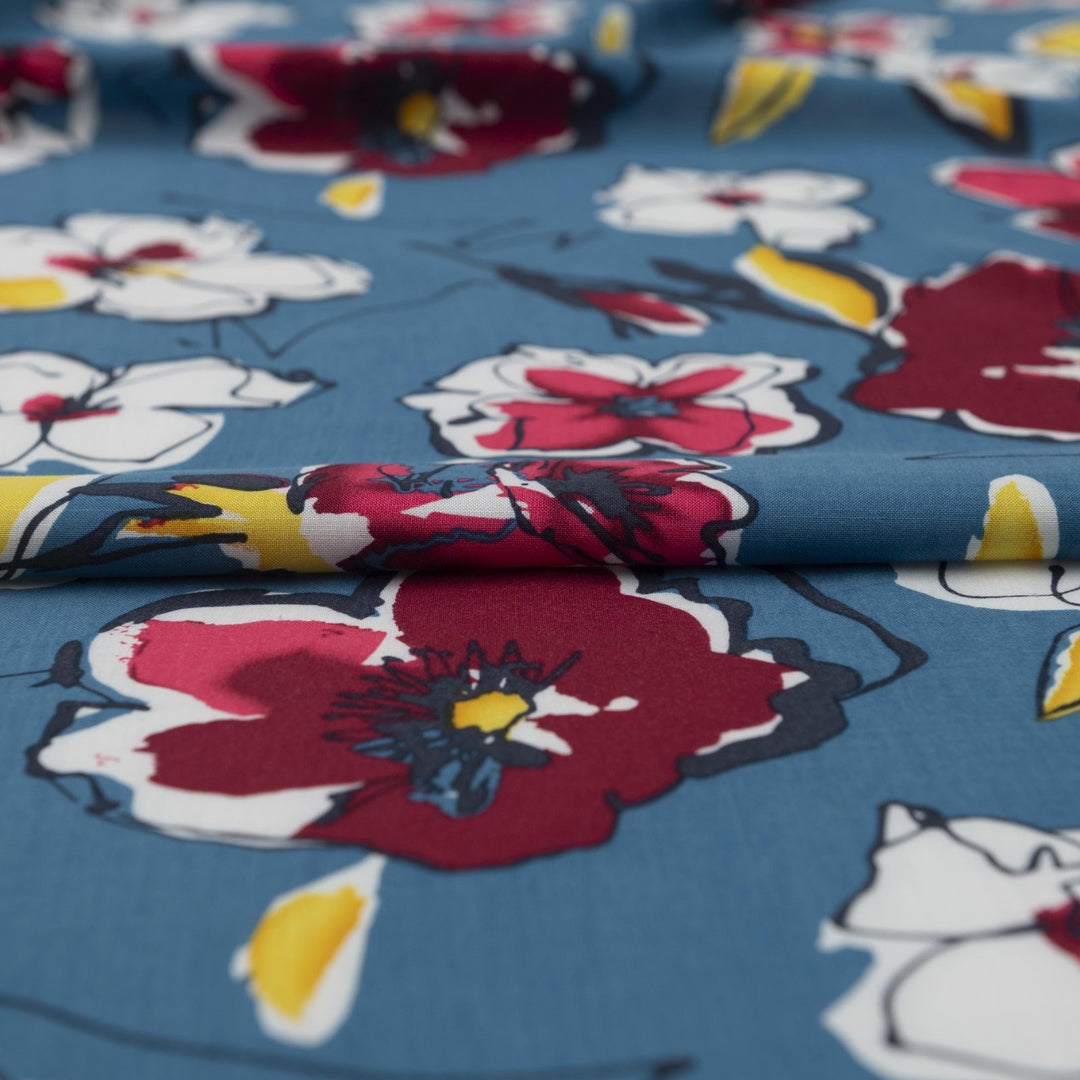 Blue and Fuchsia Floral Rayon Challis fabric with vibrant floral print, 54-inch width, perfect for dresses and blouses