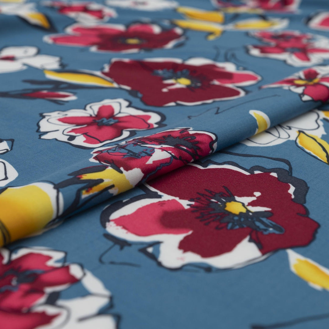 Blue and Fuchsia Floral Rayon Challis fabric with vibrant floral print, 54-inch width, perfect for dresses and blouses