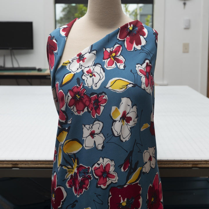 Blue and Fuchsia Floral Rayon Challis fabric with vibrant floral print, 54-inch width, perfect for dresses and blouses